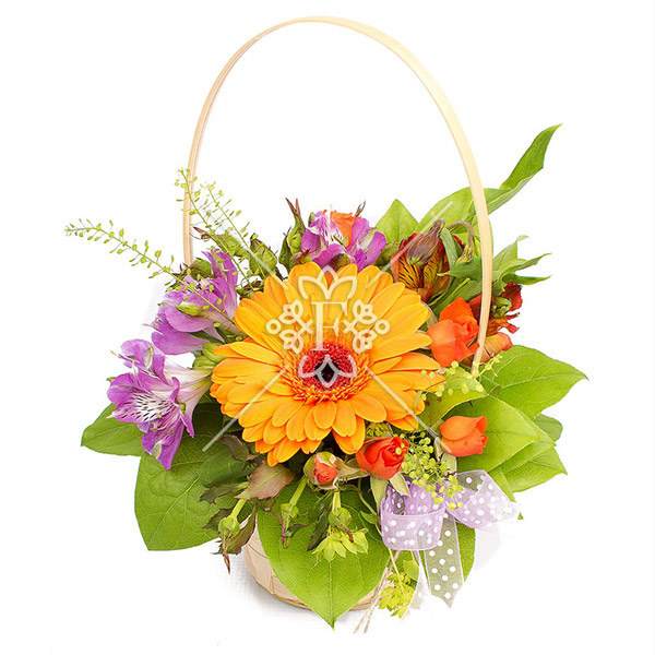 Маленькая принцесса – корзина с герберами, альстромериями и кустовыми розами Маленькая принцесса - корзина с герберами, альстромериями и кустовыми розами